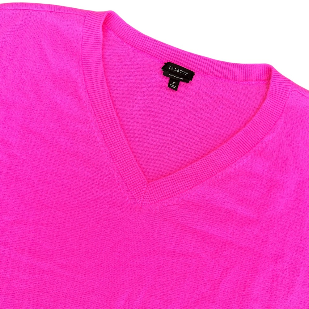 Talbots XL Neon Pink 100% Pure Cashmere V-Neck Long Sleeve Knit Sweater Bright